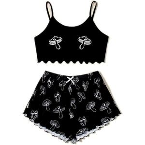 Women's Mushroom Print Lettuce Trim Cami Top and Shorts Pajama Set Size XL